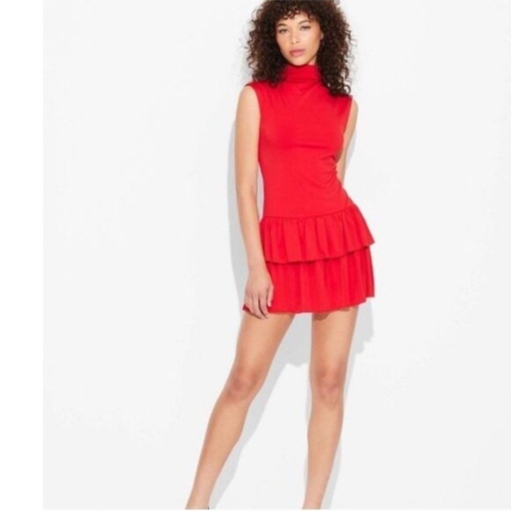 Wild Fable Red Mock Neck Tiered Ruffle Mini Dress Sleeveless XS NWT